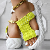 Platform Sandals Summer Braided Knit Hollow Open Toe Slipper Sandals with vibrant green straps and thick white sole.