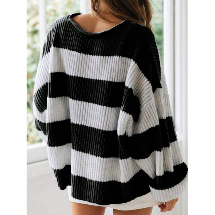 Loose Striped Sweater Fashion Casual Long Batwing Sleeve Round Neck Pullover Knit Tops Women Clothing