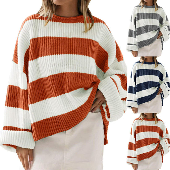 Loose Striped Sweater Fashion Casual Long Batwing Sleeve Round Neck Pullover Knit Tops Women Clothing