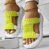 Platform Sandals Summer Braided Knit Hollow Open Toe Slipper Sandals with bright yellow knitted design and white sole.