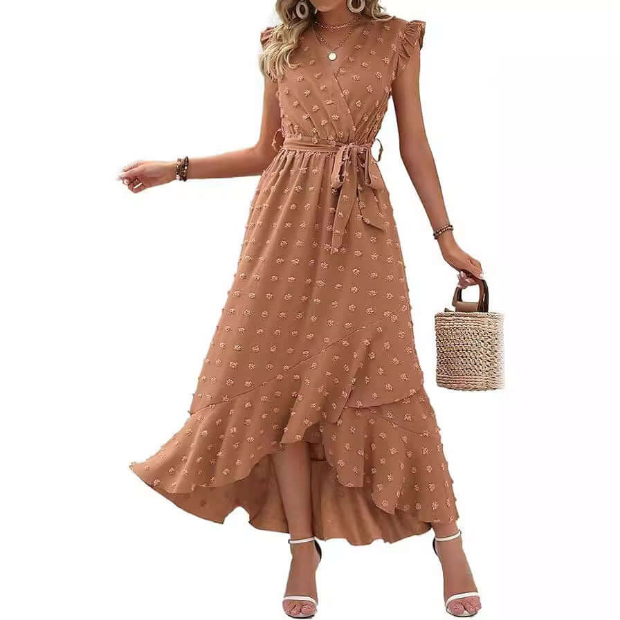 Dress Ruffle Sleeve S Wave Bohemia Elegant Maxi Dress Khaki