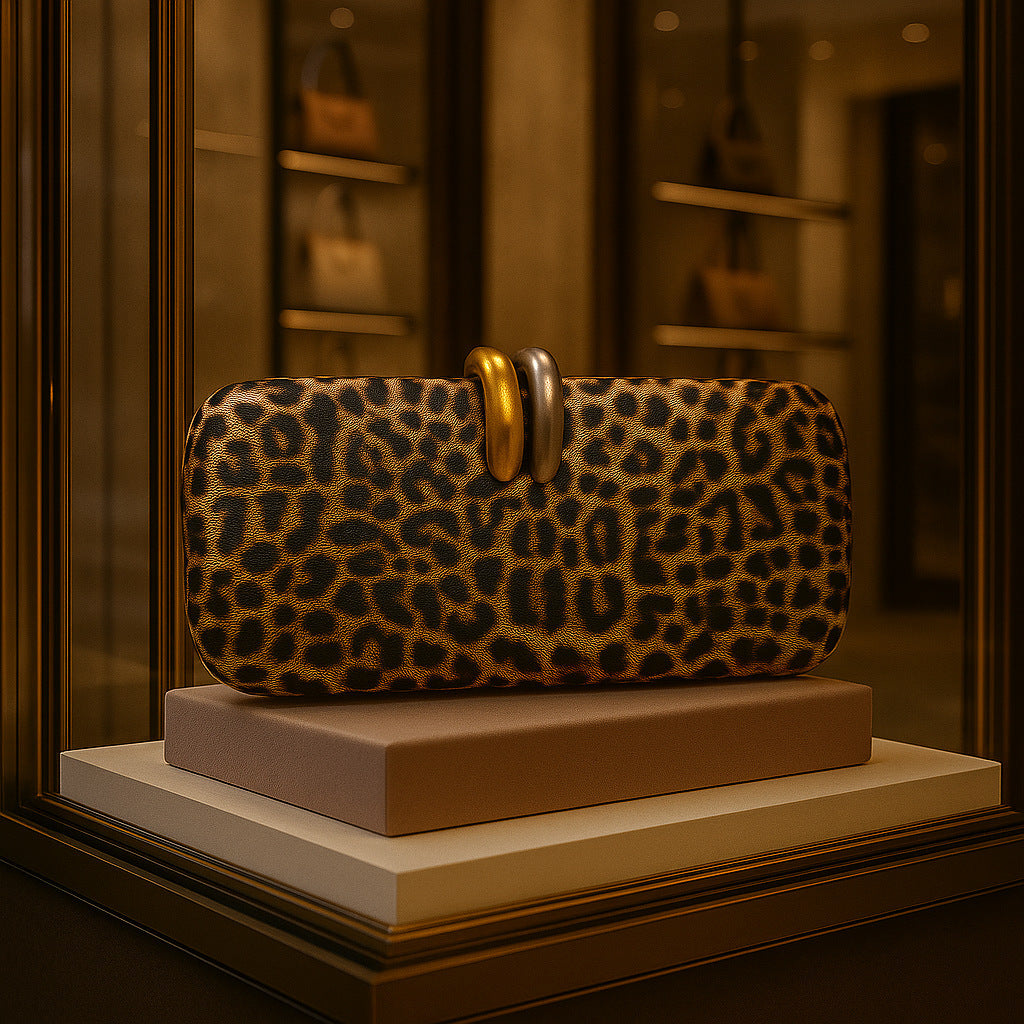 Clutch Bag Shape Crossbody Single Shoulder Dinner Bag in leopard print displayed elegantly.