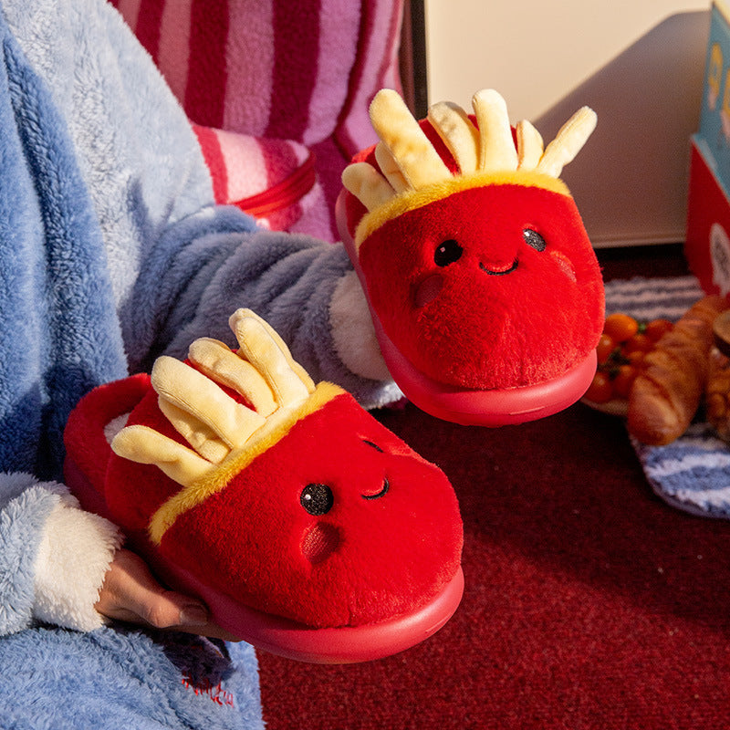 New Indoor Home Cute Cotton Slippers Women with adorable french fries design, soft red material, perfect for cozy lounging.