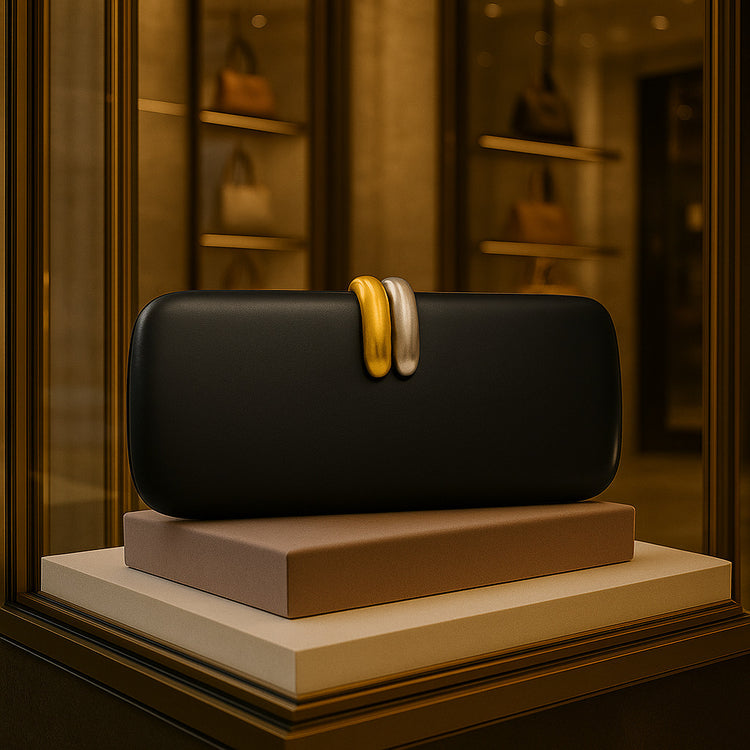 Clutch Bag Shape Crossbody Single Shoulder Dinner Bag displayed in a store showcase with gold and silver accents.
