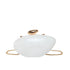 Oval shell acrylic evening bag in white with gold clasp and chain strap for evening events.