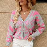 V-neck Long Sleeve Single-breasted Knitted Sweater