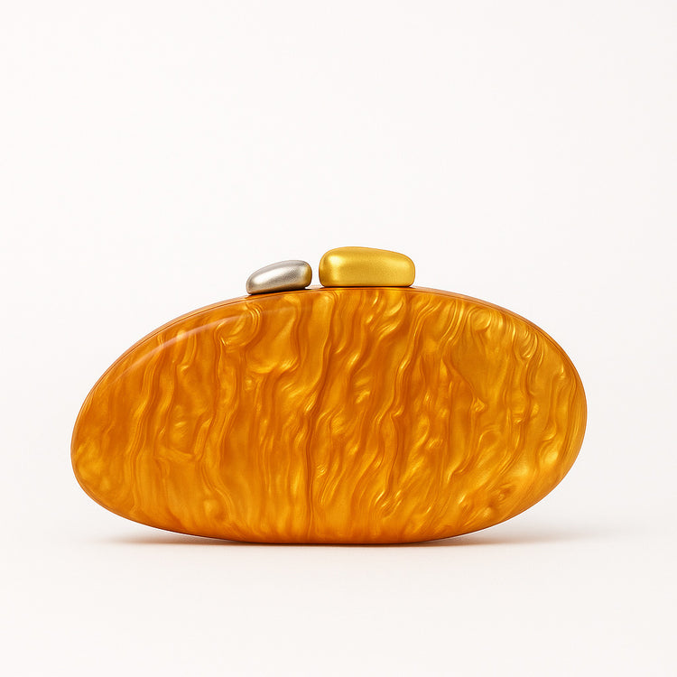 New Fashion Special-shaped Dinner Clutch in amber with metallic clasp, elegant and stylish design.