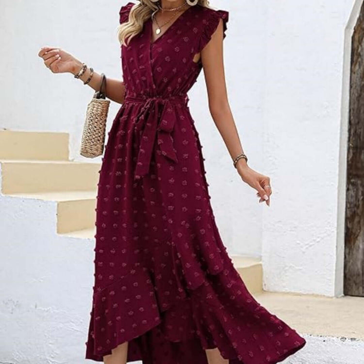 Dress Ruffle Sleeve S Wave Bohemia Elegant Maxi Dress Red