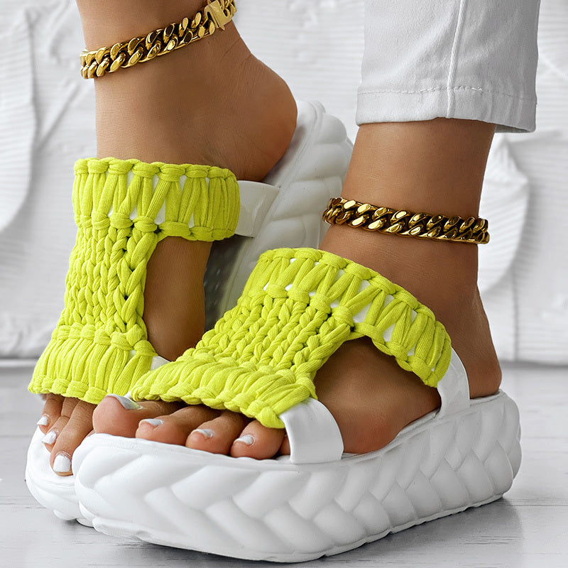 Platform Sandals Summer Braided Knit Hollow Open Toe Slipper Sandals with unique yellow design and thick white sole.