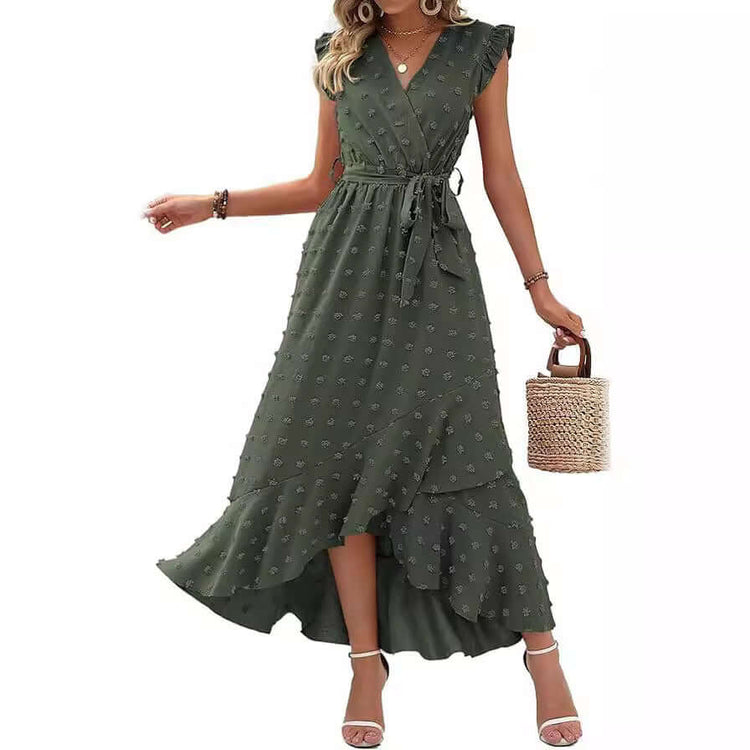 Dress Ruffle Sleeve S Wave Bohemia Elegant Maxi Dress Green