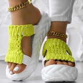 Platform Sandals Summer Braided Knit Hollow Open Toe Slipper Sandals in vibrant yellow with thick sole, perfect for summer wear.