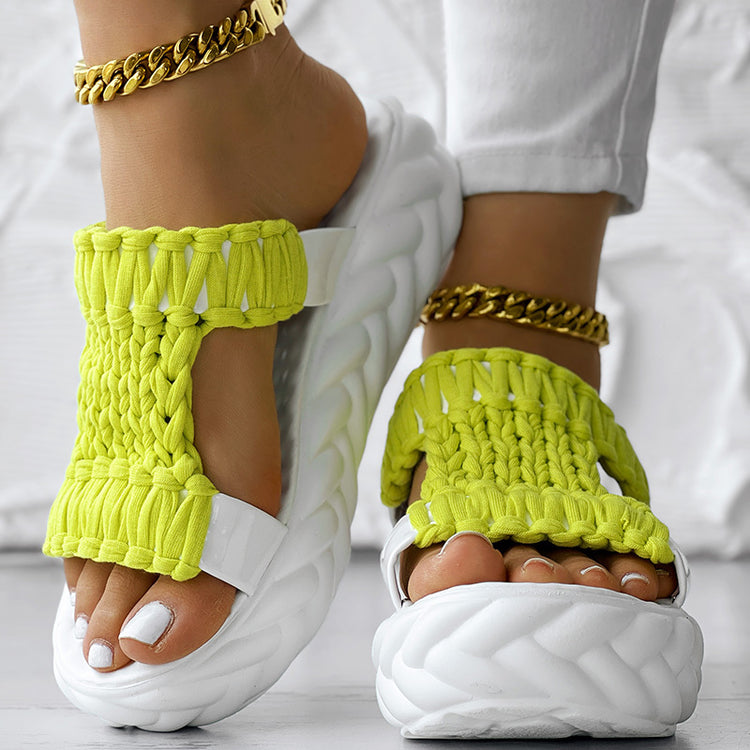 Platform Sandals Summer Braided Knit Hollow Open Toe Slipper Sandals in vibrant yellow with thick sole, perfect for summer wear.