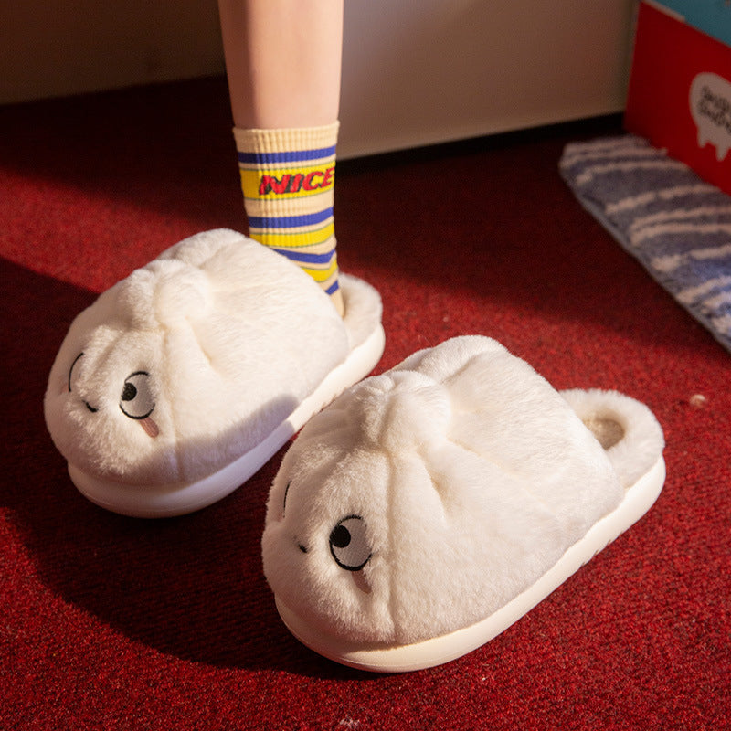 New Indoor Home Cute Cotton Slippers Women in white, fluffy design on cozy feet with colorful socks.