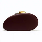 New Fashion Special-shaped Dinner Clutch in wine red color with a unique design and gold clasp.