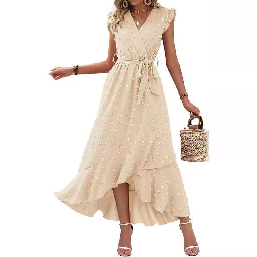 Dress Ruffle Sleeve S Wave Bohemia Elegant Maxi Dress White