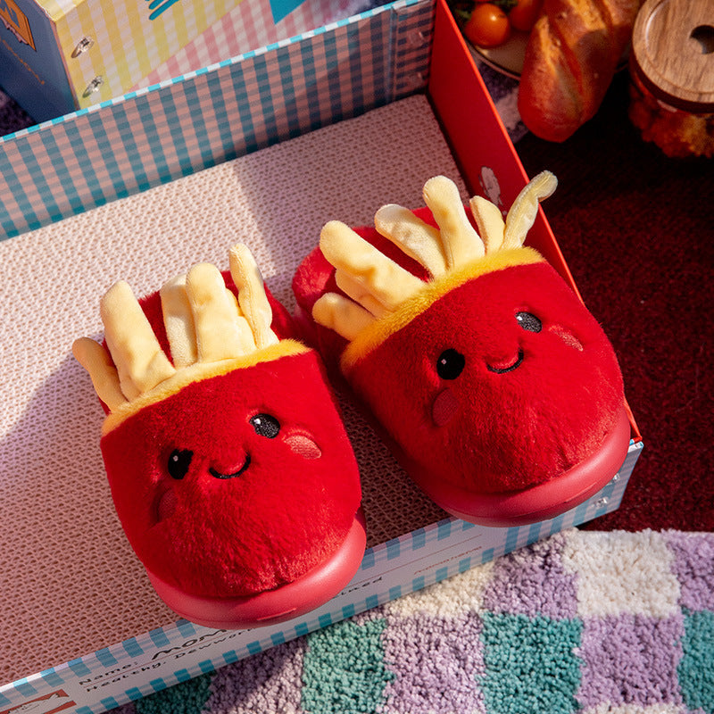 New Indoor Home Cute Cotton Slippers Women in the shape of French fries, plush red with yellow accents, cozy footwear.