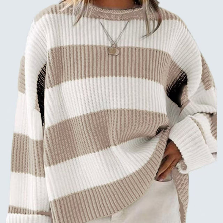 Loose Striped Sweater Fashion Casual Long Batwing Sleeve Round Neck Pullover Knit Tops Women Clothing