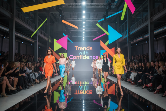 Fashion show with models on a runway, text 'Trends with Confidence', and colorful geometric shapes.