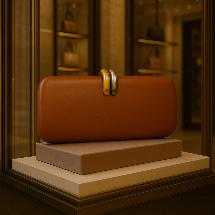 Clutch Bag Shape Crossbody Single Shoulder Dinner Bag displayed in a luxury store showcasing its design and color.
