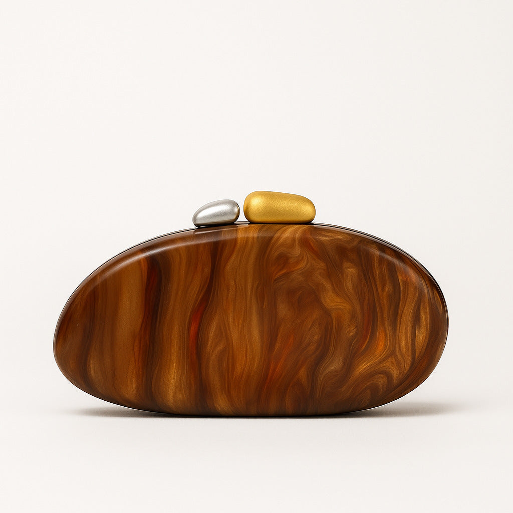 New Fashion Special-shaped Dinner Clutch in brown with decorative stones on top.