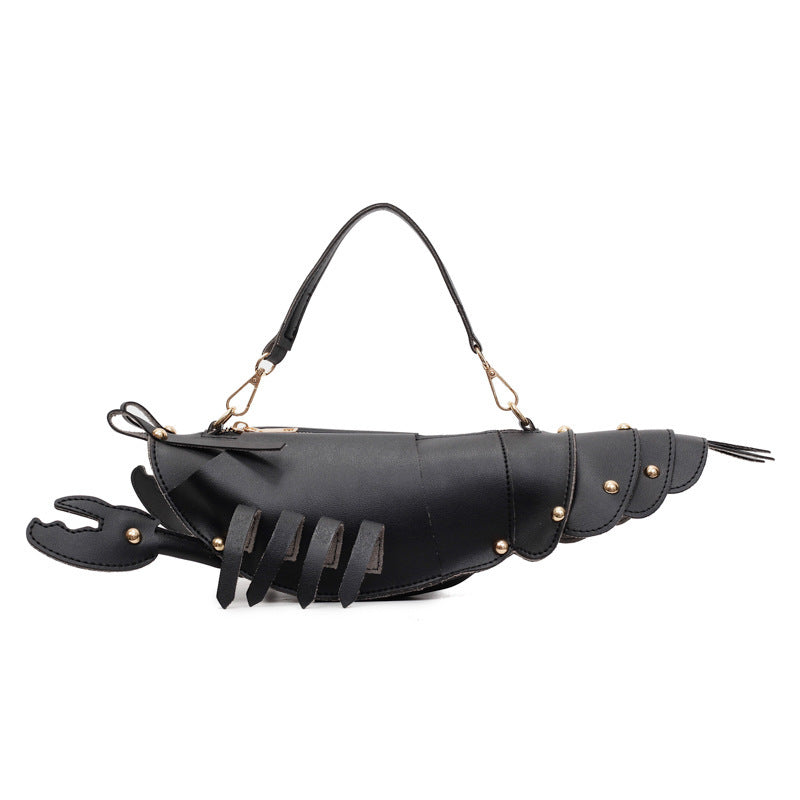Korean style personalized messenger bag designed with unique lobster shape, featuring synthetic leather and rivets.