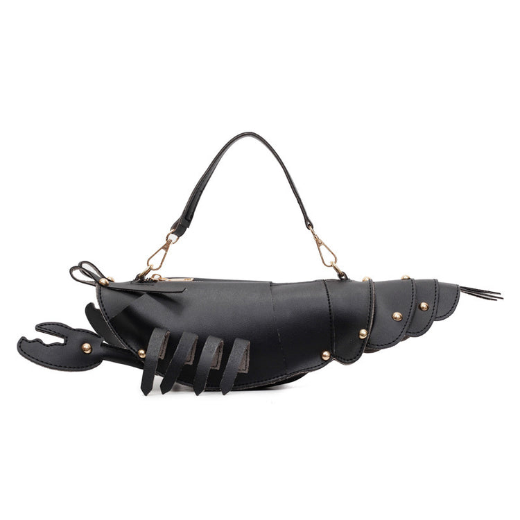 Korean style personalized messenger bag designed with unique lobster shape, featuring synthetic leather and rivets.