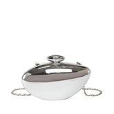 Oval shell acrylic evening bag in shiny silver color, featuring a unique oval shape and chain strap.