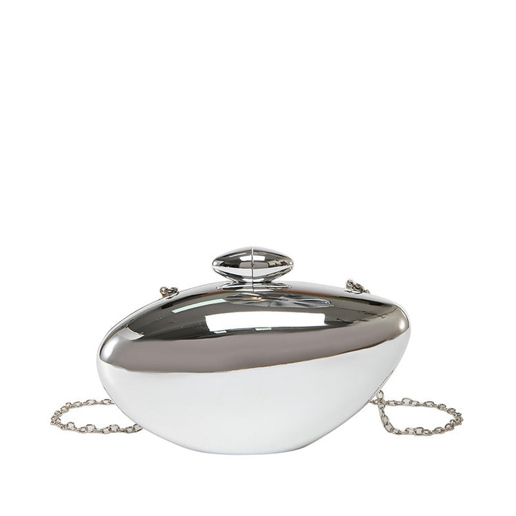 Oval shell acrylic evening bag in shiny silver color, featuring a unique oval shape and chain strap.