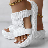 Platform sandals with braided knit design, open toe, rainbow stripes, perfect for summer. Braided knit summer sandals.