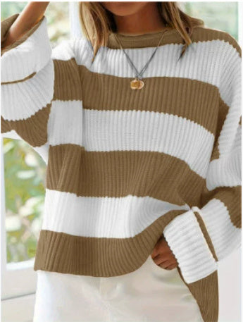 Loose Striped Sweater Fashion Casual Long Batwing Sleeve Round Neck Pullover Knit Tops Women Clothing