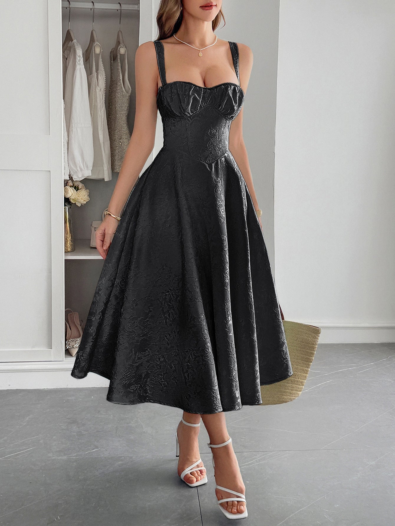 black jacquard maxi dress Elegant Graceful Strap Jacquard Maxi Dress Women's Clothing – Sowee Shop