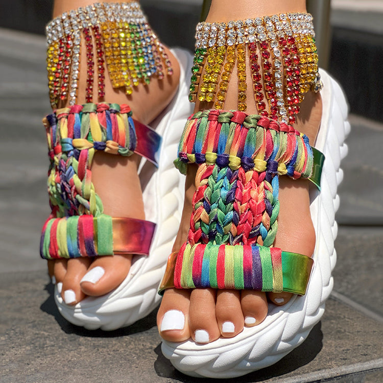 Braided summer sandals featuring a colorful rainbow design and crystal accents for stylish summer wear.