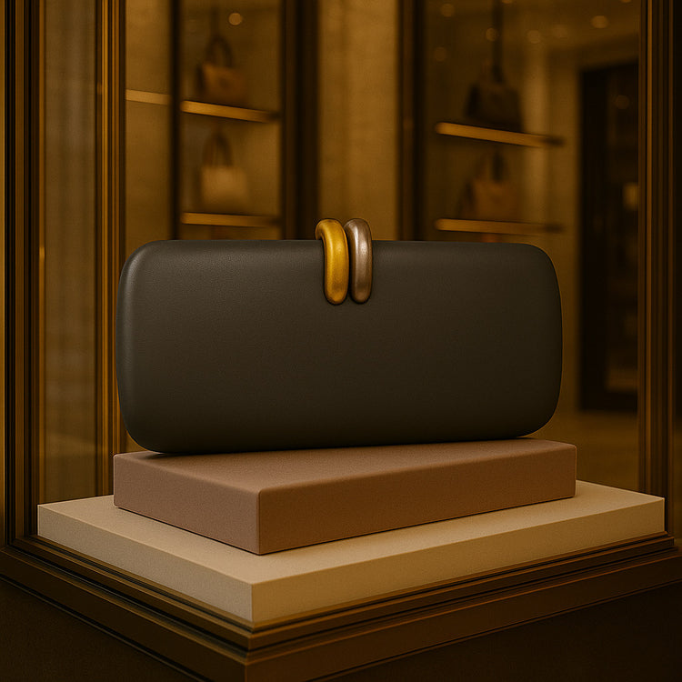Clutch Bag Shape Crossbody Single Shoulder Dinner Bag displayed in a boutique setting on a pedestal.