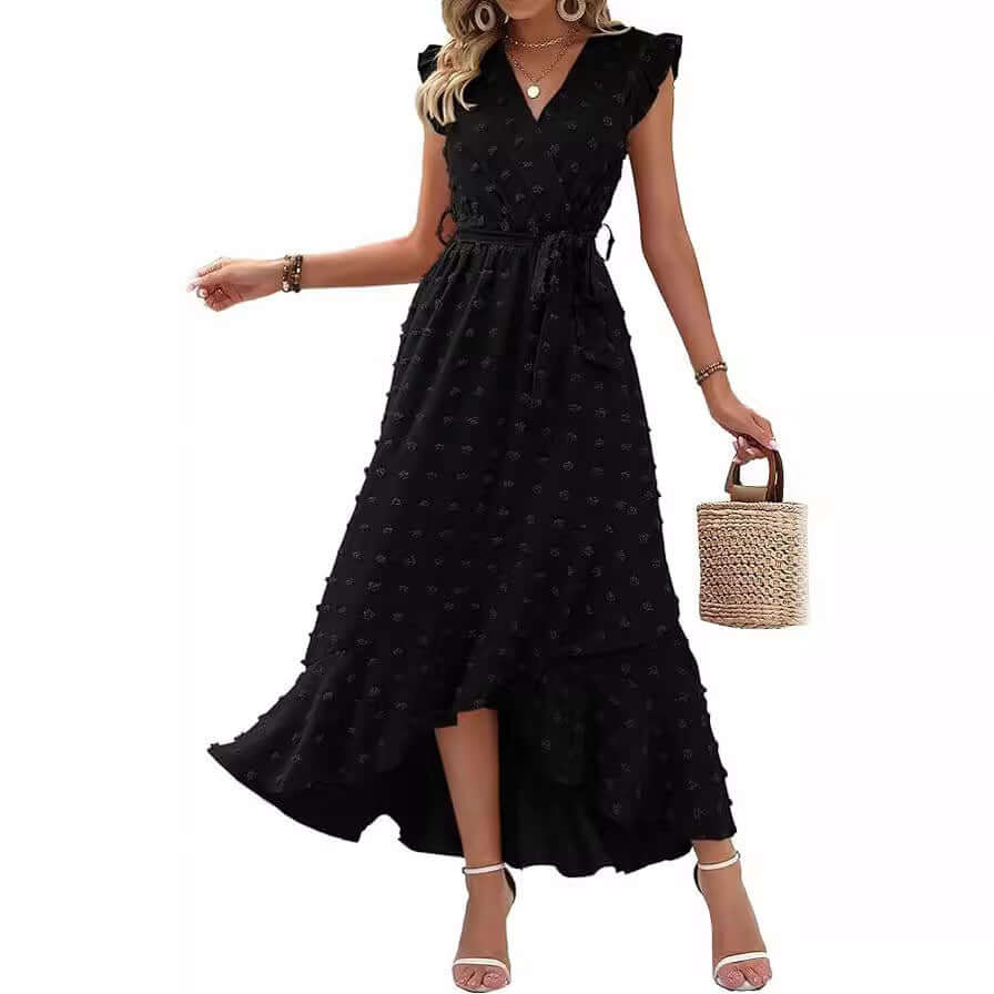 Dress Ruffle Sleeve S Wave Bohemia Elegant Maxi Dress Black