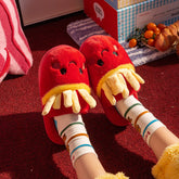 New Indoor Home Cute Cotton Slippers Women in red French fries design on cozy floor.